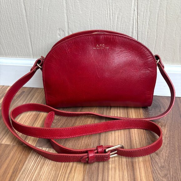 A.P.C. Demi-lune Leather Burgundy Bordeaux Red Crossbody Bag Purse - Picture 1 of 14